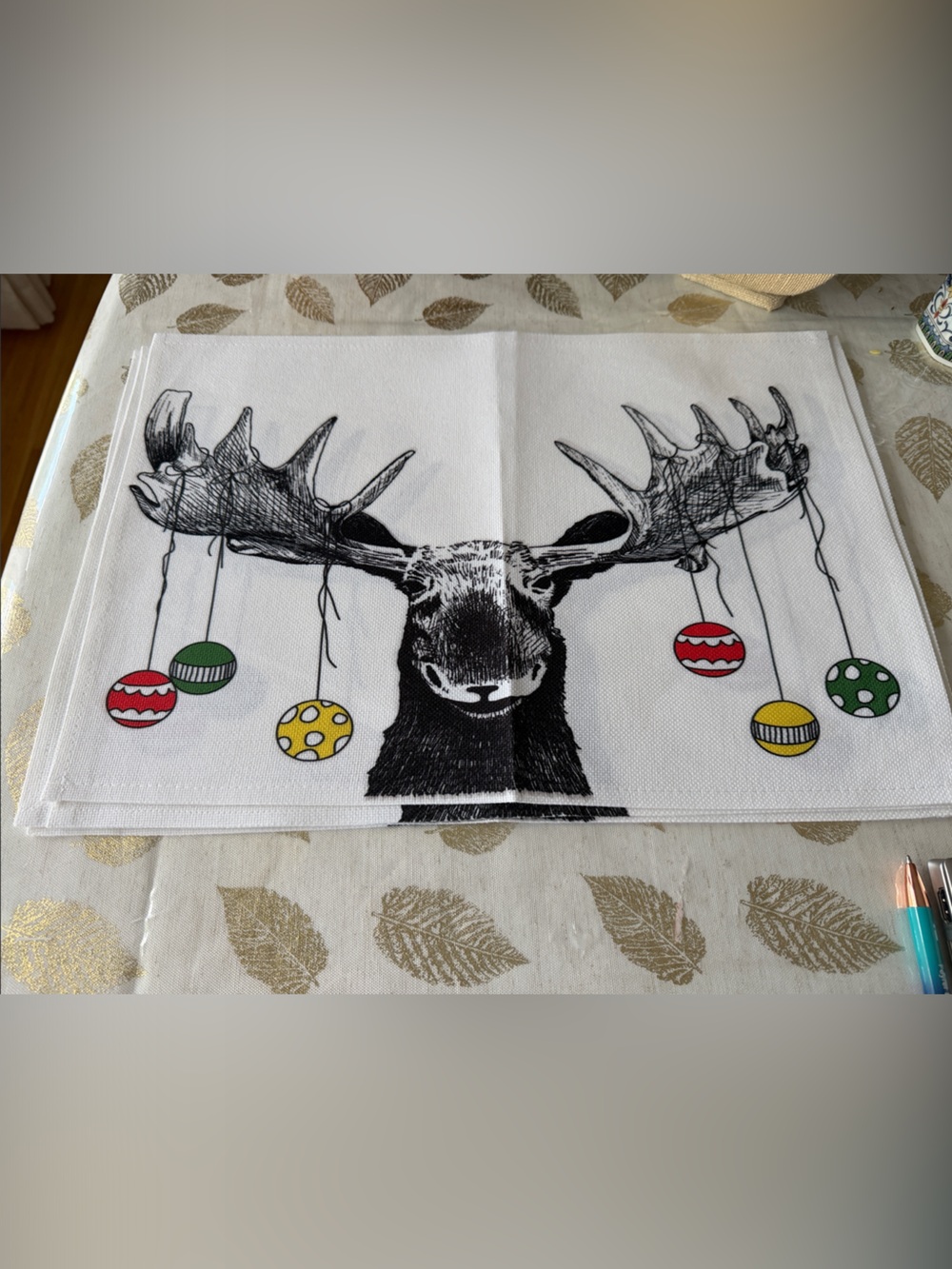 Moose Illustration placemats with Colorful Ornaments set of 4